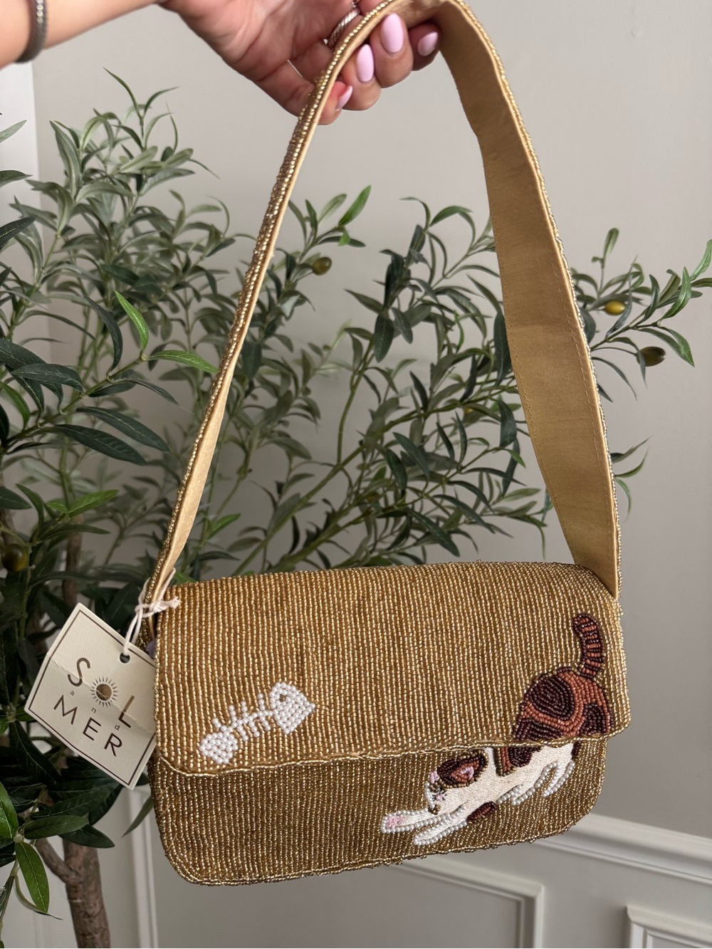 Sol and Mer Gold Beaded Shoulder Bag with Cat Motif